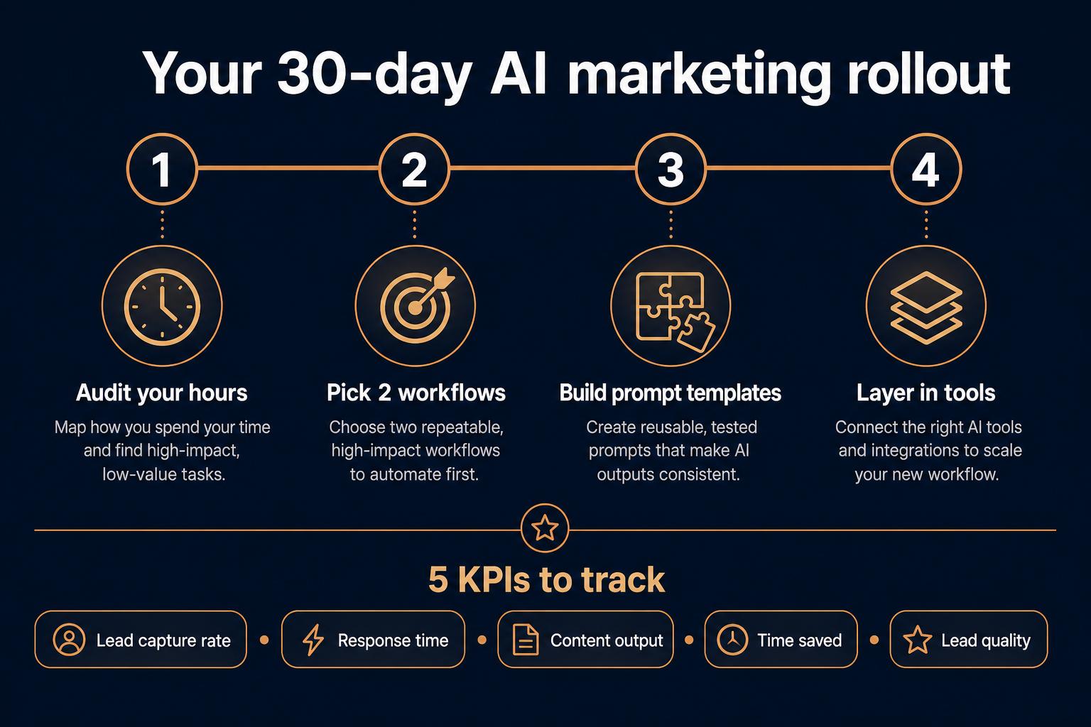 Infographic: a 30-day AI marketing rollout for realtors — audit hours, pick two workflows, build prompt templates, layer in tools, with five KPIs to track